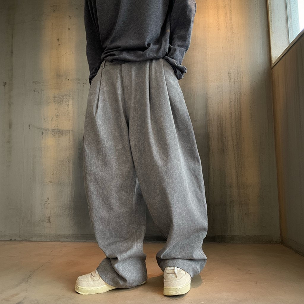 ストーンウォッシュルーズタックパンツ K0626