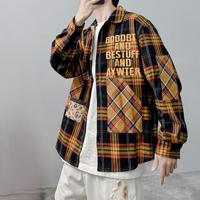 レターチェックロングシャツ K0477
