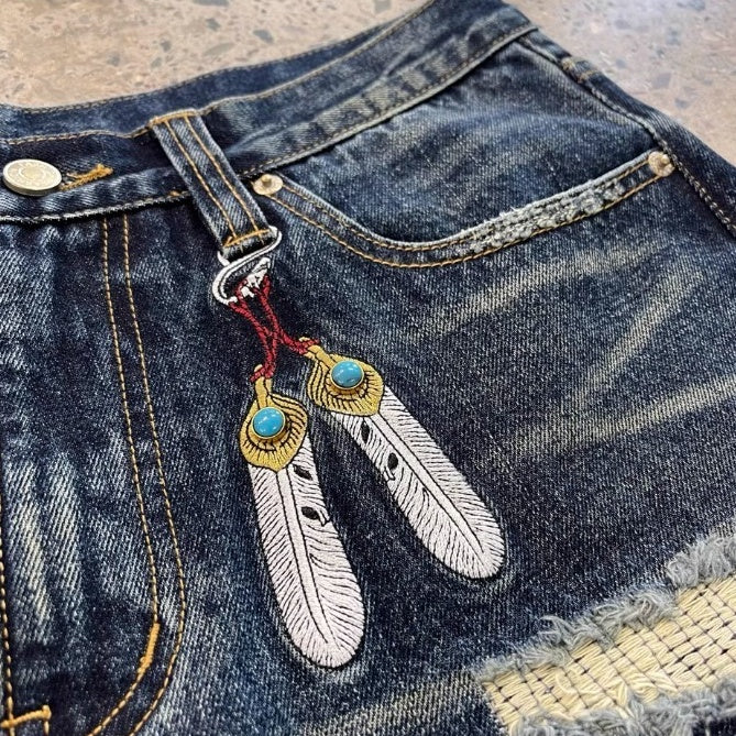 フェザー刺繍クラッシュジーンズ K0603