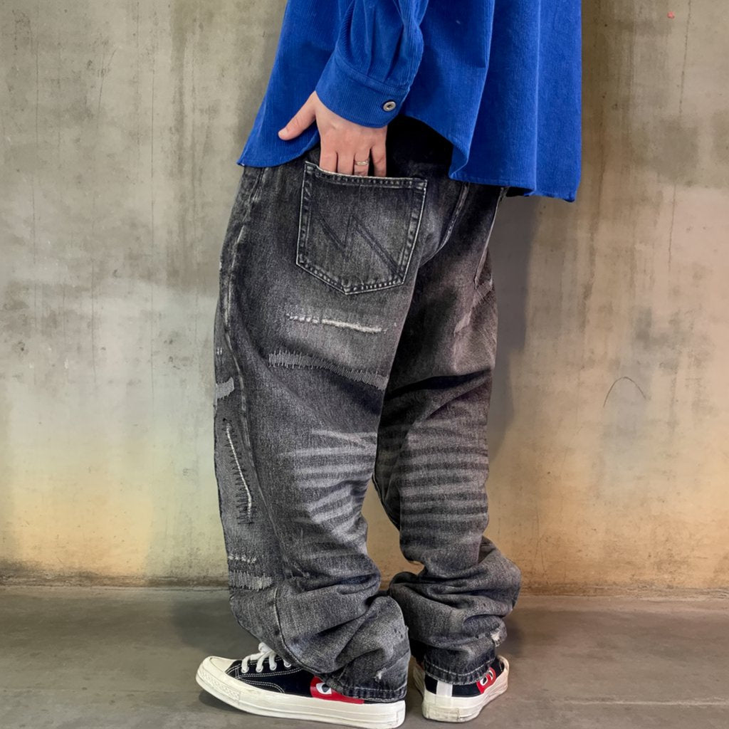 グランジリペアウォッシュワイドデニムパンツ K0706