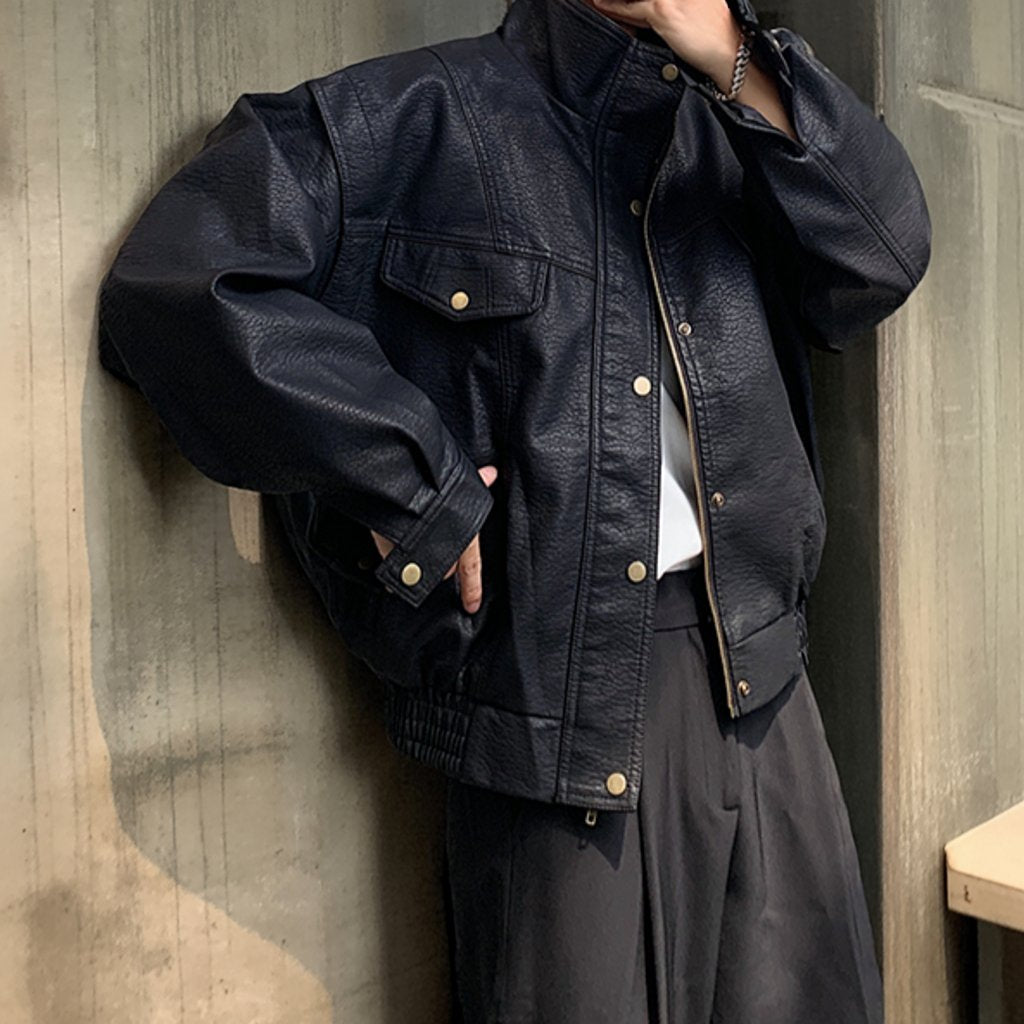 スタンドカラーワークレザージャケット K0776