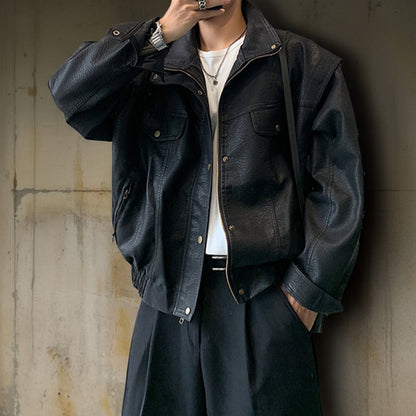 スタンドカラーワークレザージャケット K0776