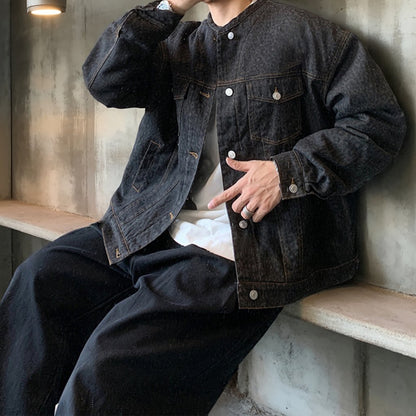 レオパードパターンノーカラーデニムジャケット K0732