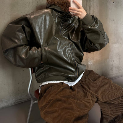 グロッシーPUレザーフードジャケット K0791