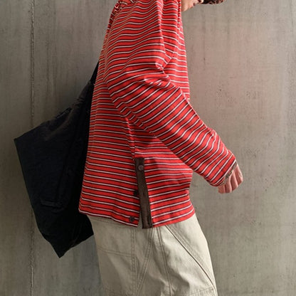 サイドボタンレトロボーダーロングTシャツ K0860