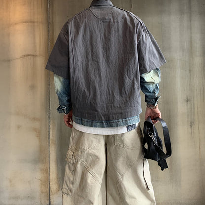 フェイクレイヤードデニムスリーブシャツ K0677