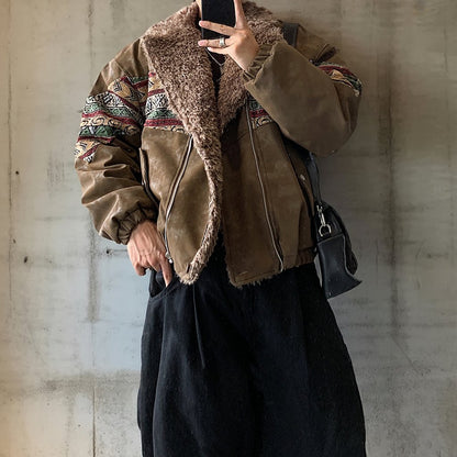 エスニックパターンボアカラーフェイクレザーブルゾン K0734