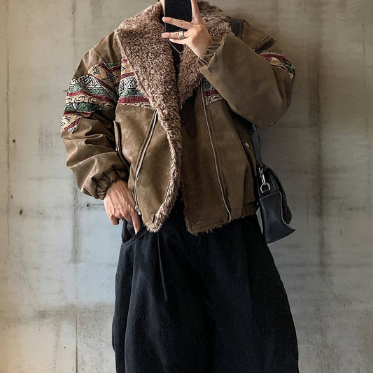 エスニックパターンボアカラーフェイクレザーブルゾン K0734