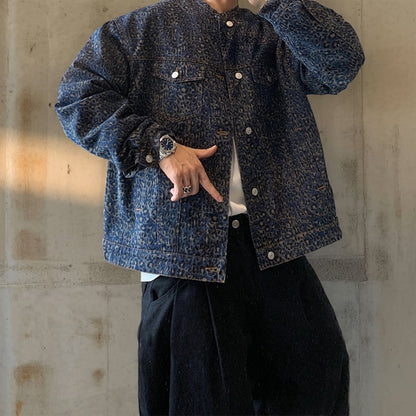 レオパードパターンノーカラーデニムジャケット K0732