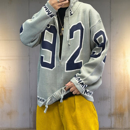 カレッジナンバリングジップアップニットパーカー K0708