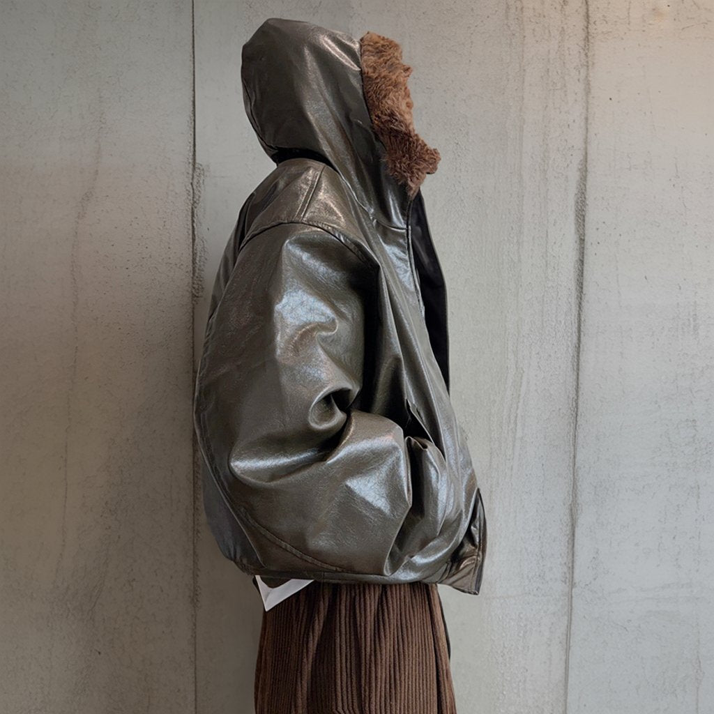 グロッシーPUレザーフードジャケット K0791