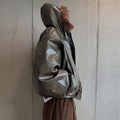 グロッシーPUレザーフードジャケット K0791