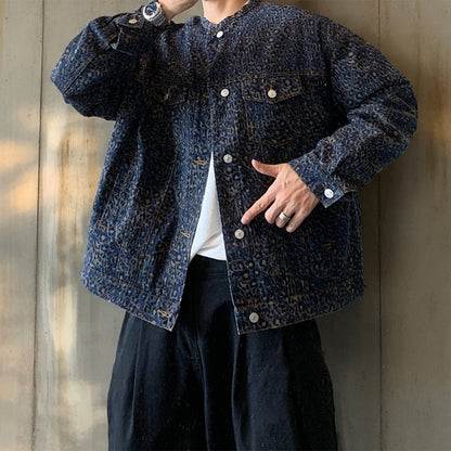 レオパードパターンノーカラーデニムジャケット K0732