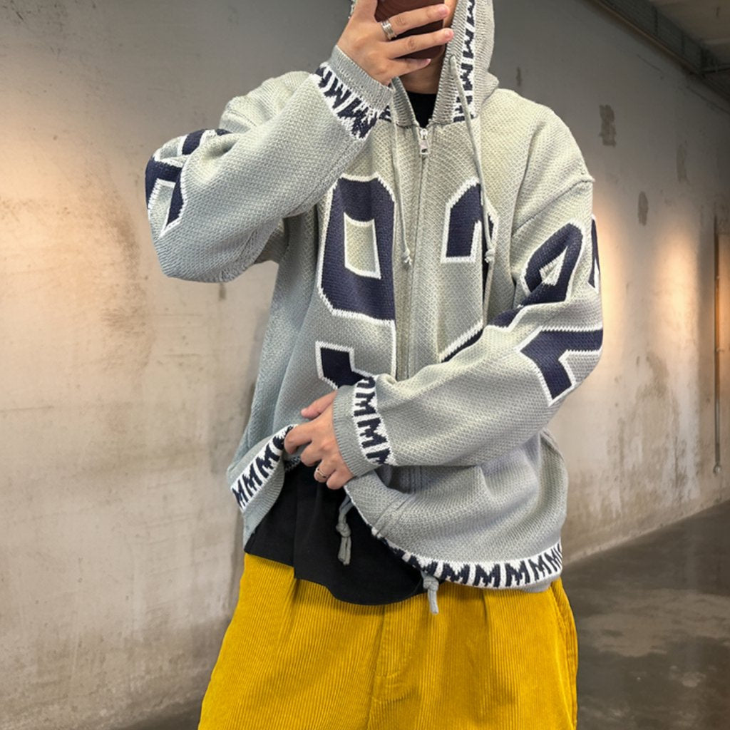 カレッジナンバリングジップアップニットパーカー K0708