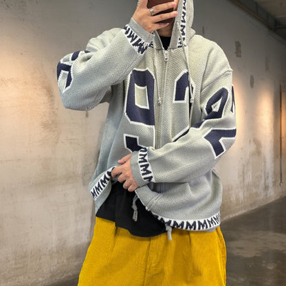 カレッジナンバリングジップアップニットパーカー K0708