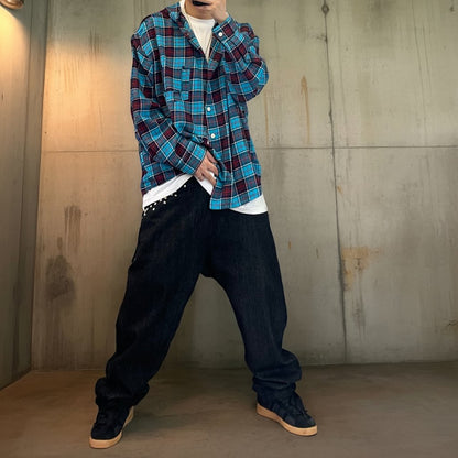 チェック柄フード付きロングシャツ K0628