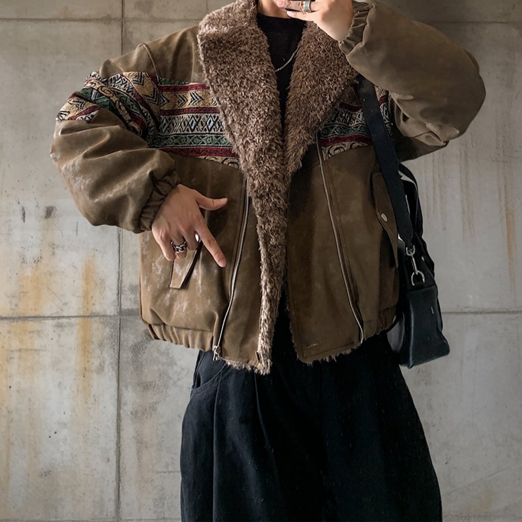 エスニックパターンボアカラーフェイクレザーブルゾン K0734