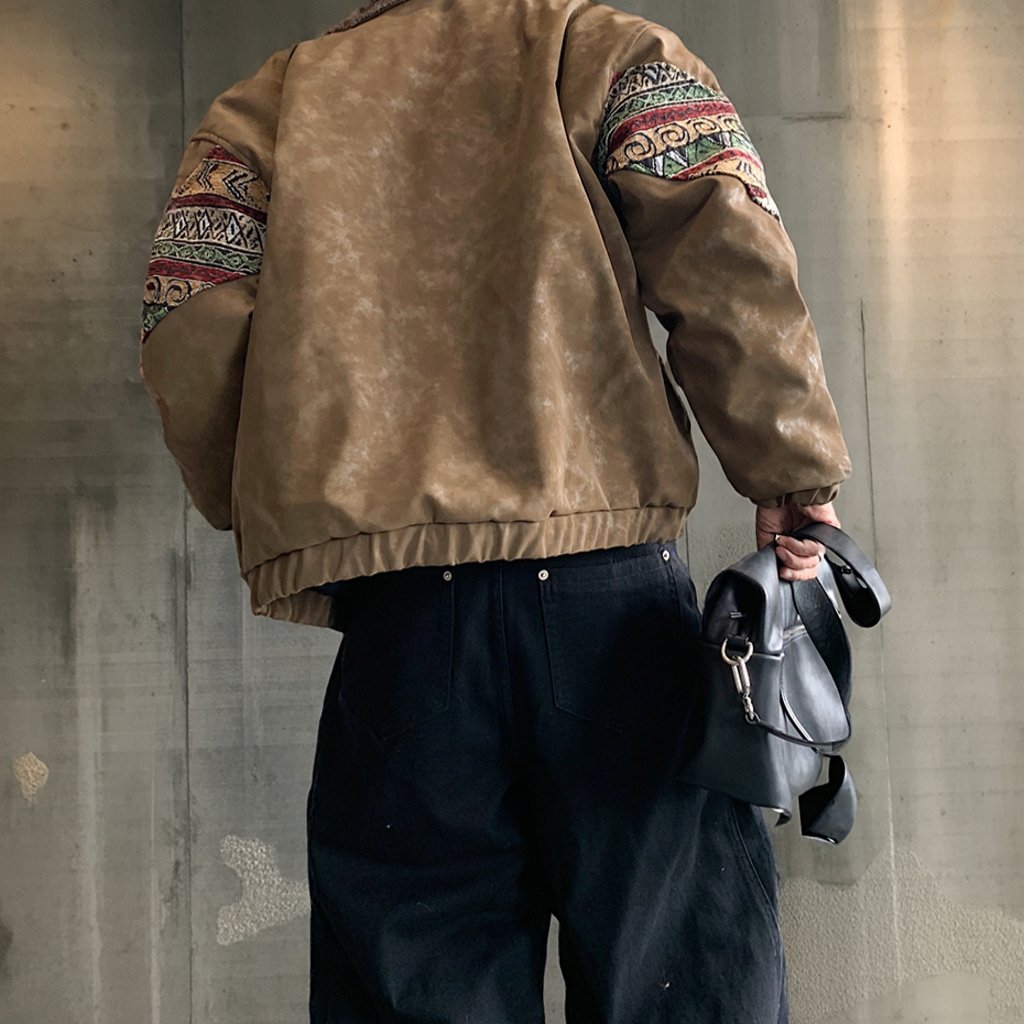 エスニックパターンボアカラーフェイクレザーブルゾン K0734