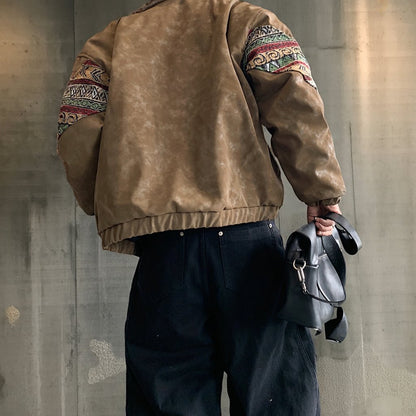 エスニックパターンボアカラーフェイクレザーブルゾン K0734