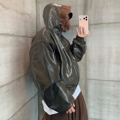 グロッシーPUレザーフードジャケット K0791
