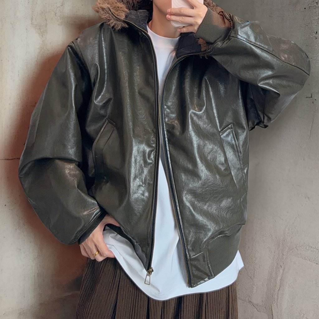 グロッシーPUレザーフードジャケット K0791