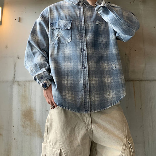 ダメージアクセントウォッシュチェックシャツ K0772