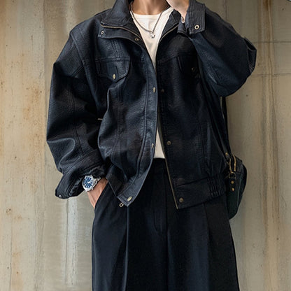 スタンドカラーワークレザージャケット K0776