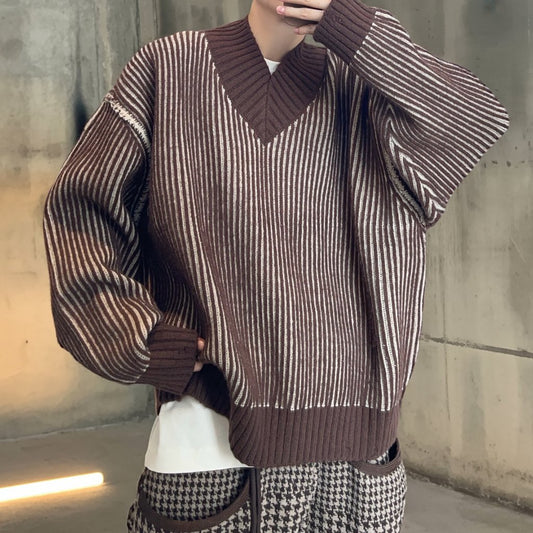 コントラストストライプオーバーリブセーター K0738