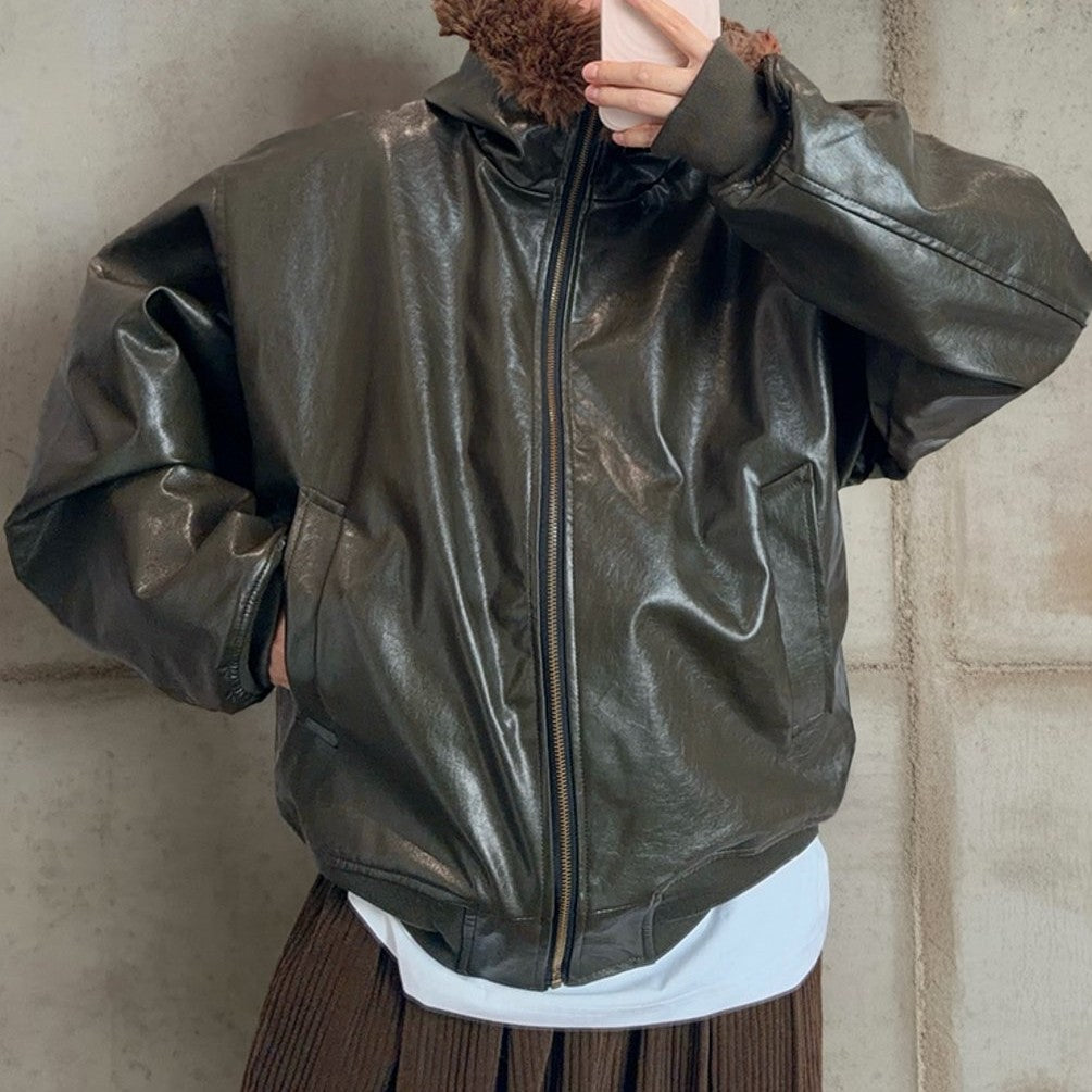 グロッシーPUレザーフードジャケット K0791