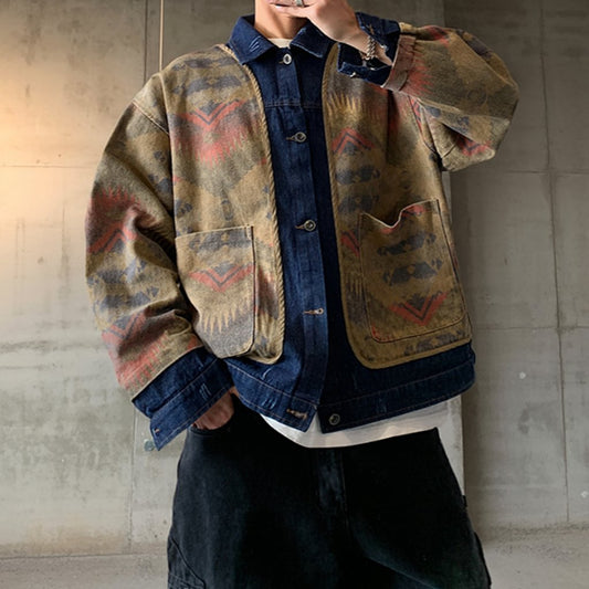 エスニックパターンデニムワークジャケット K0777