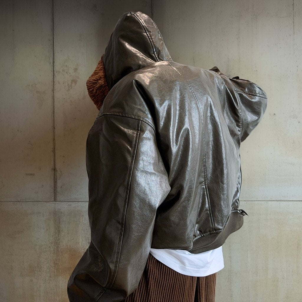 グロッシーPUレザーフードジャケット K0791