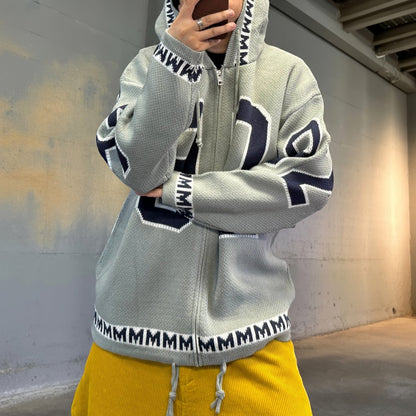 カレッジナンバリングジップアップニットパーカー K0708