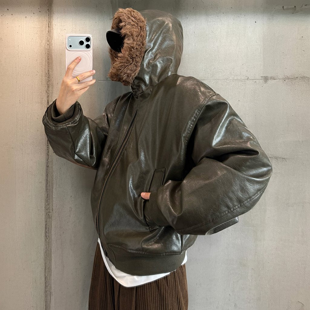 グロッシーPUレザーフードジャケット K0791