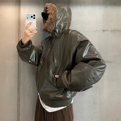 グロッシーPUレザーフードジャケット K0791