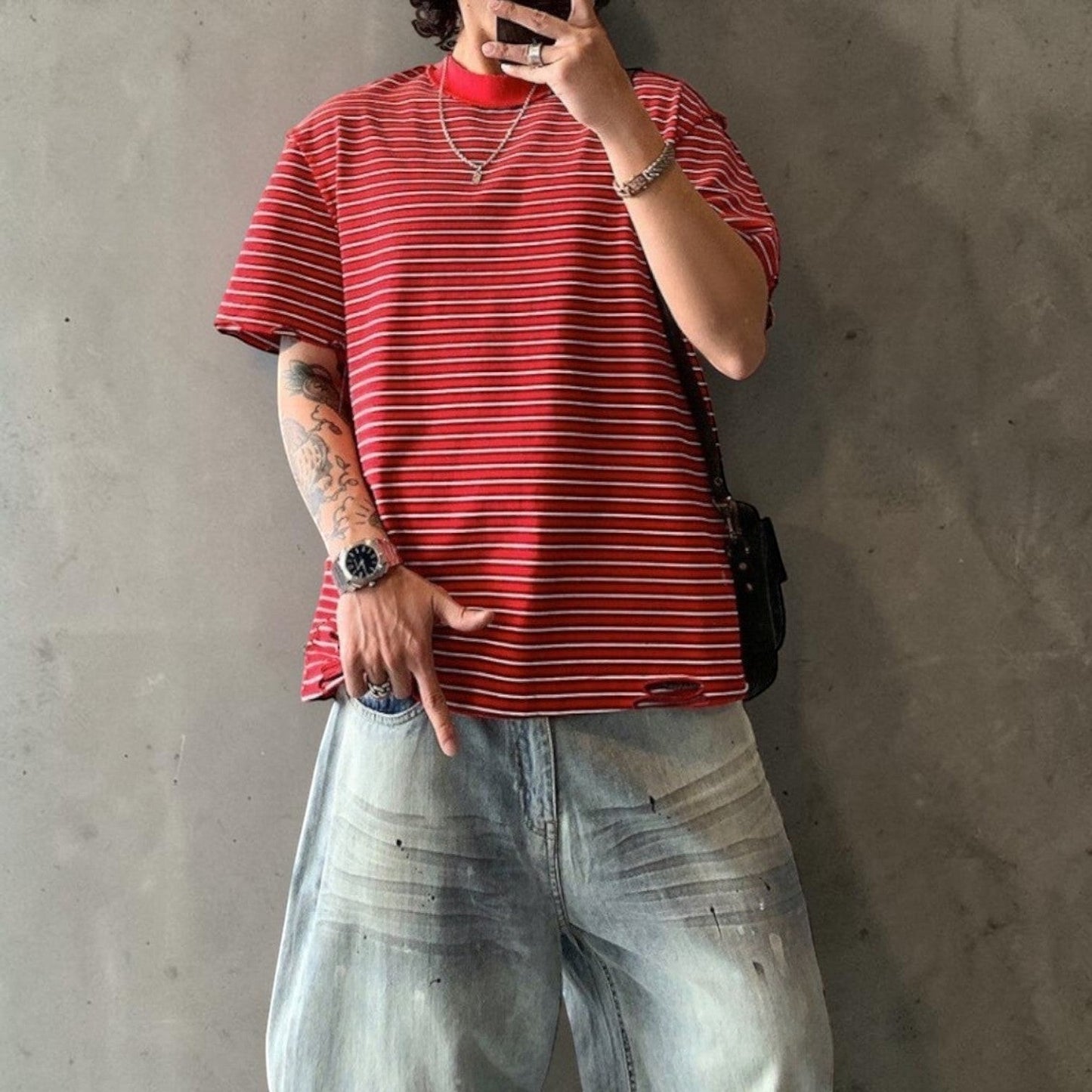 カットオフボーダー半袖Tシャツ K0899