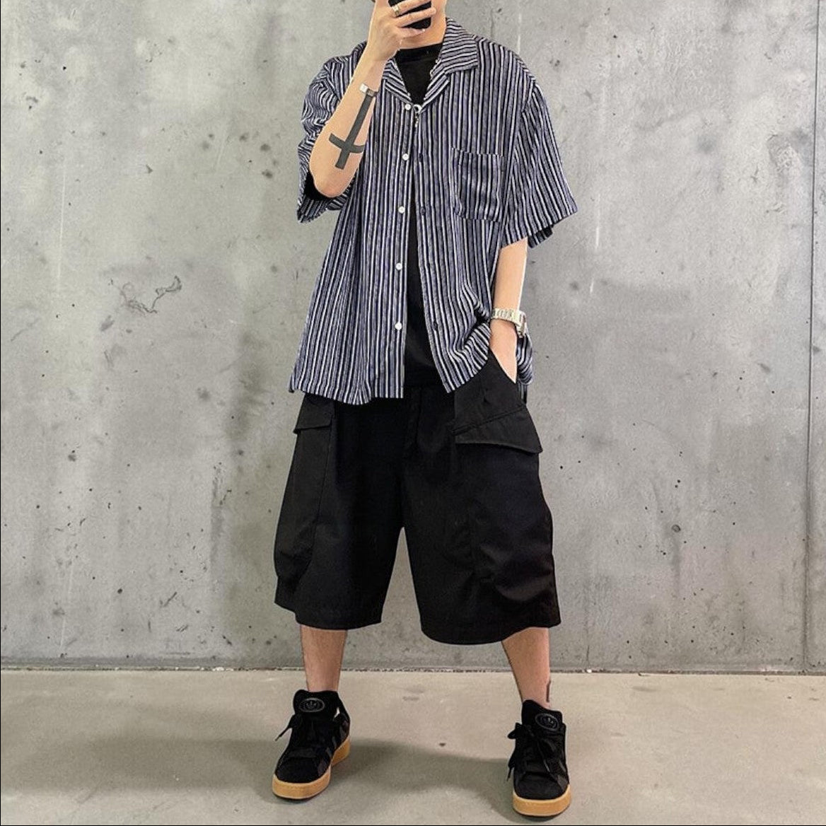 ストライプオープンカラー半袖シャツ K0844