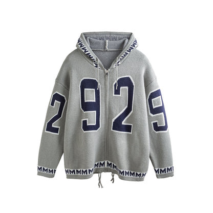 カレッジナンバリングジップアップニットパーカー K0708