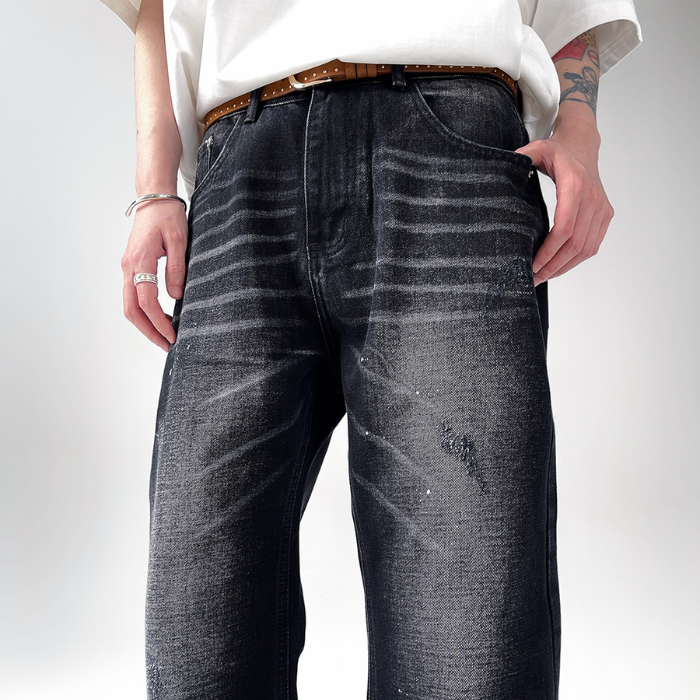 Washed Paint-dotted Long Jeans K0287