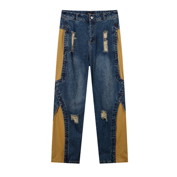 Patchwork Contrasting Color Long Jeans K0331