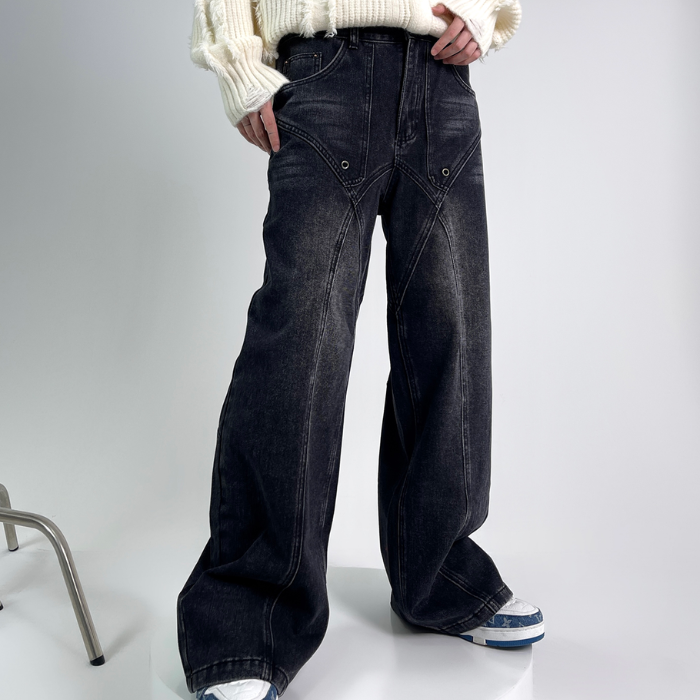 Loose Cross-stitching Wide-leg Jeans K0341