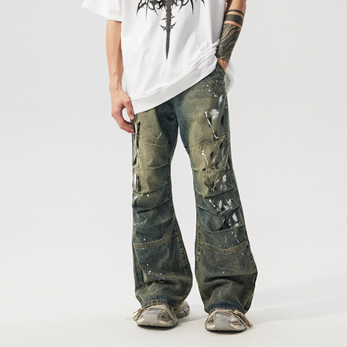 Grafiti Splash Ink Pleated Long Jeans K0354