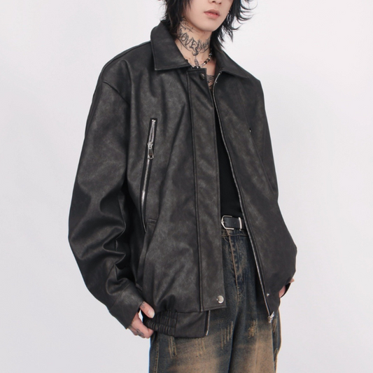 Retro Zipper Loose Leather Jacket K0116