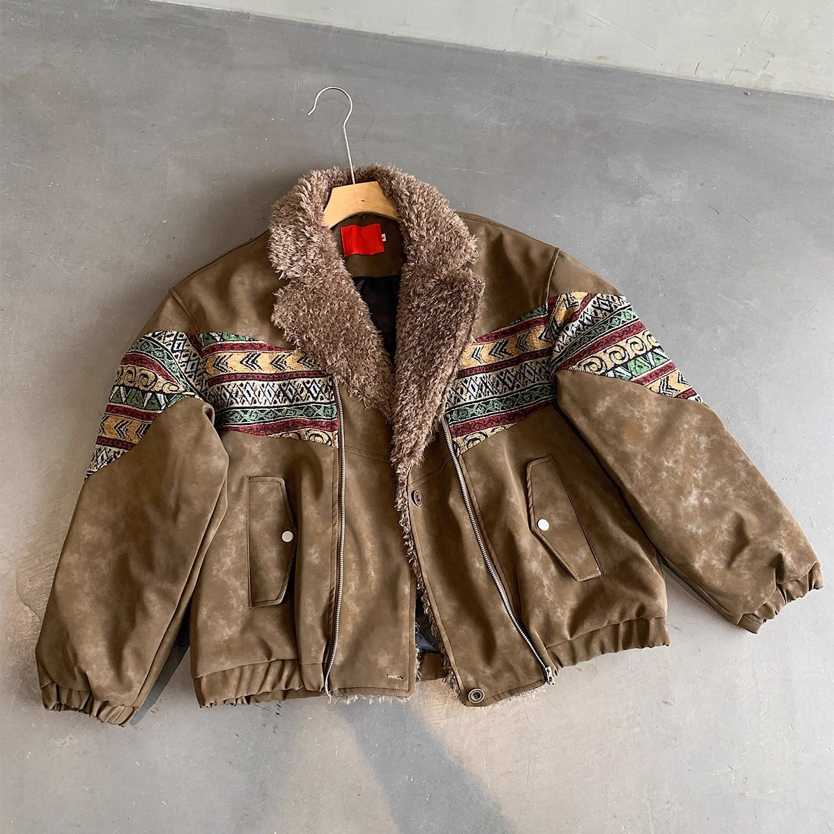 エスニックパターンボアカラーフェイクレザーブルゾン K0734