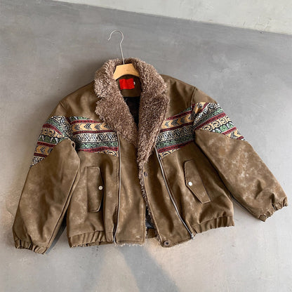 エスニックパターンボアカラーフェイクレザーブルゾン K0734