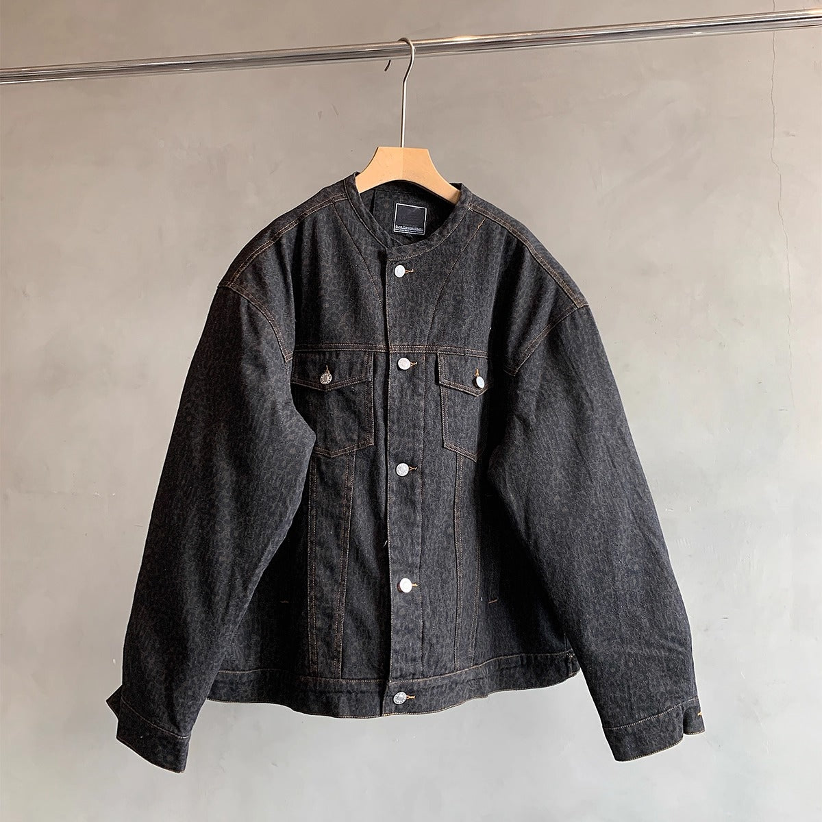 レオパードパターンノーカラーデニムジャケット K0732
