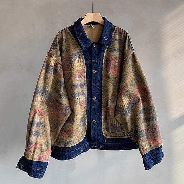 エスニックパターンデニムワークジャケット K0777