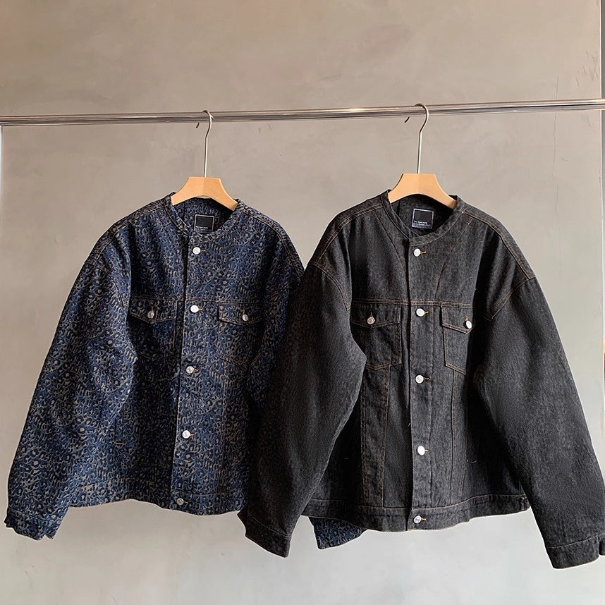 レオパードパターンノーカラーデニムジャケット K0732