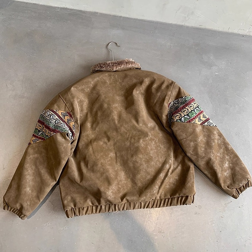 エスニックパターンボアカラーフェイクレザーブルゾン K0734