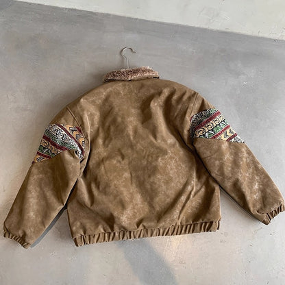 エスニックパターンボアカラーフェイクレザーブルゾン K0734