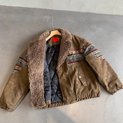 エスニックパターンボアカラーフェイクレザーブルゾン K0734